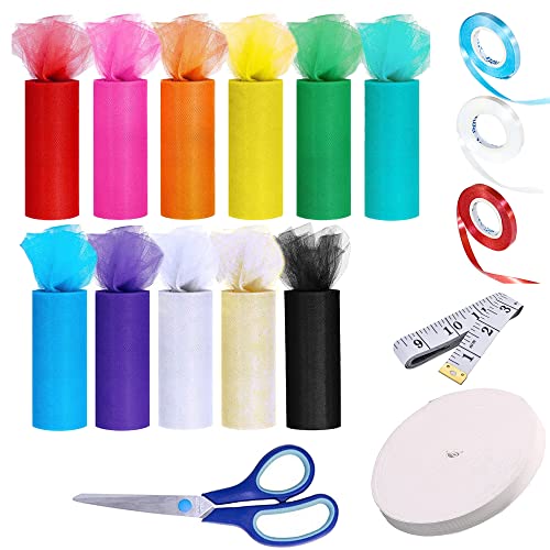 Allazone 17 PCS Rollen Tüllmit Schere, 11 Farbe Berolle Tüllrolle Tüllband Tüll Dekostoff 15CM x 23M, Gummiband Maßband für Tutu Röcke, Geschenkverpackungen, Hochzeit, Dekoration von Allazone