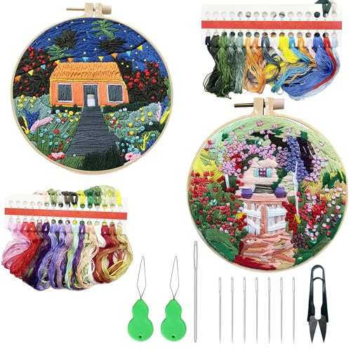 Allazone 2 Sets Stickset für Anfänger, Embroidery kit für Bastelliebhaber, 2 Sticktuch mit Muster Vorlagen und Anleitung, Sticken Kunsthandwerk DIY Art Stickset für Erwachsene (Garten) von Allazone