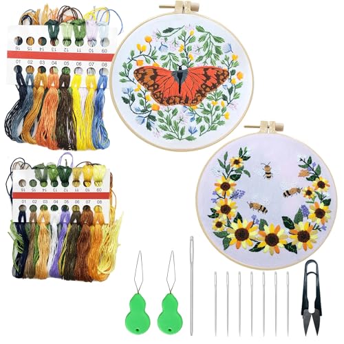 Allazone 2 Sets Stickset für Anfänger, Embroidery kit für Bastelliebhaber, 2 Sticktuch mit Muster Vorlagen und Anleitung, Sticken Kunsthandwerk DIY Art Stickset für Erwachsene (Schmetterling) von Allazone