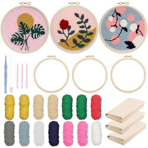 Allazone 3 Stück Punch Needle Anfänger Stickerei Set, Punch Needle Embroidery Starter Kit mit Blumen und Pflanzen Muster, DIY Stanznadel Kit mit Stickrahmen, Punch Needle Stoff, Fäden von Allazone