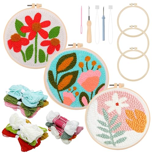 Allazone 3 Stück Punch Needle Anfänger Stickerei Set, Punch Needle Embroidery Starter Kit mit Blumenmuster, DIY Stanznadel Kit mit Stickrahmen, Punch Needle Stoff, Fäden, Einfädelhilfe von Allazone