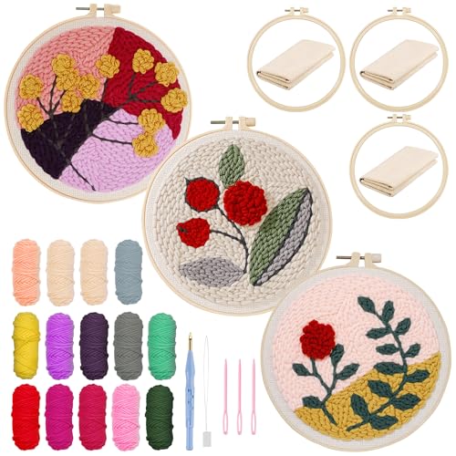 Allazone 3 Stück Punch Needle Embroidery Starter Kit, 20 cm Stanznadel Stickerei Starter Kit mit Rose Muster, DIY Stanznadel Kit mit Stickrahmen für Kunsthandwerk, Heimdekoration von Allazone