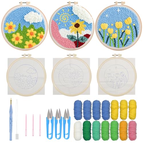 Allazone 3 Stück Punch Needle Embroidery Starter Kit, Punch Needle Anfänger Stickerei Set mit Blumenmuster, DIY Stanznadel Kit mit Stickrahmen, Punch Needle Stoff, Fäden, Einfädelhilfe von Allazone