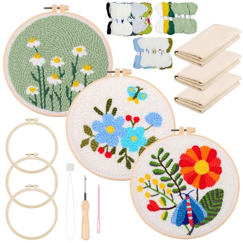 Allazone 3 Stück Punch Needle Embroidery Starter Kit, Stanznadel Stickerei Starter Kit mit Blumenmuster, DIY Stanznadel Kit mit Stickrahmen, Punch Needle Stoff, Fäden, Einfädelhilfe von Allazone