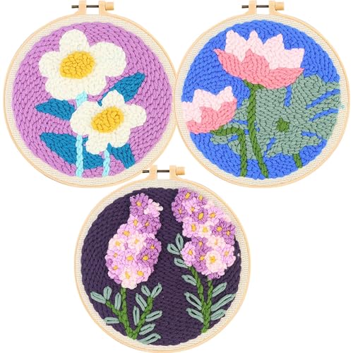 Allazone 3 Stück Punch Needle Embroidery Starter Kit mit Blumen Muster, DIY Stanznadel Kit Stanznadel Stickerei Starter Kit mit Stoff für Kunsthandwerk, Heimdekoration von Allazone