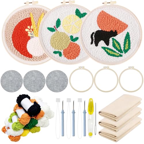 Allazone 3 Stück Punch Needle Stickerei Set für Anfänger, Stanznadel Stickerei Starter Kit mit Früchte und Katzen Muster, DIY Stanznadel Kit mit Stickrahmen, Punch Needle Stoff, Fäden, Einfädelhilfe von Allazone