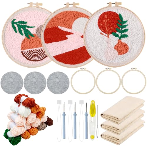 Allazone 3 Stück Punch Needle Stickerei Set für Anfänger, Stanznadel Stickerei Starter Kit mit Instruction Stanznadelstoff Muster Set, Pflanzen und Sonnenuntergang von Allazone