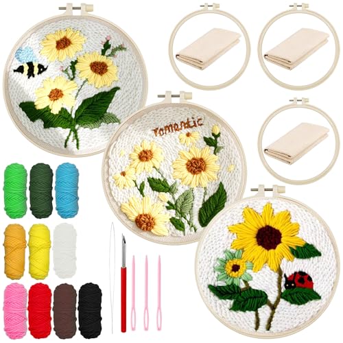 Allazone 3 Stück Punch Needle Stickerei Set für Anfänger, Stanznadel Stickerei Starter Kit mit Instruction Stanznadelstoff Muster Set, Sonnenblumen Muster von Allazone