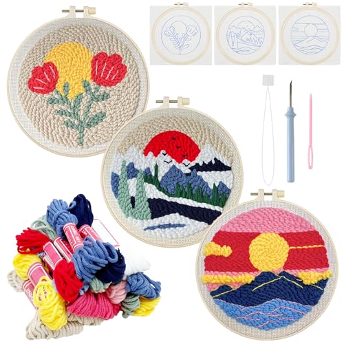 Allazone 3 Stück Punch Needle Stickerei Set für Anfänger, Stanznadel Stickerei Starter Kit mit Sonnenaufgang Blumenmuster, Instruction Stanznadelstoff Muster Set von Allazone