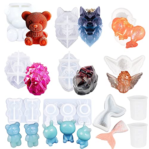 Allazone 3D Tierharz Formen Set, 9 Stück 3D Tierharz Resin Silikonform Gießform Meerjungfrau Silikon Harzform für Epoxidharz zur Herstellung von Dekoration, Basteln DIY von Allazone