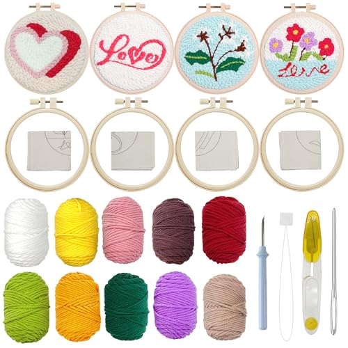 Allazone 4 Stück DIY Needle Punch Handwerk Stickerei, Punch Needle Set mit Stickrahmen zum Sticken für Kinder Erwachsene Basteln DIY Stanznadel Stickrahmen Kit, Herz und Blume von Allazone