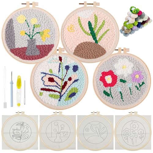 Allazone 4 Stück Punch Needle Embroidery Starter Kit, 15 cm Stanznadel Stickerei Starter Kit mit Blumenmuster, DIY Stanznadel Kit mit Stickrahmen für Kunsthandwerk, Heimdekoration von Allazone