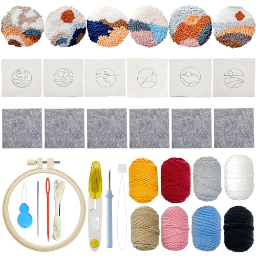 Allazone 6 Stück Needle Untersetzer Kit DIY Needle Punch Handwerk Stickerei Kit Filz Garne Stickerei Coaster Kunst und Handwerk Needle Coaster mit Anleitung für Anfänger Einfach von Allazone