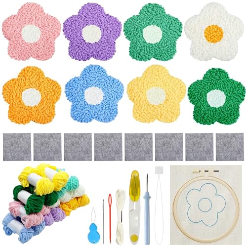 Allazone 8 Stück Punch Needle Untersetzer Kit DIY Blume Needle Punch Handwerk Stickerei Kit Filz Garne Stickerei Coaster Kunst und Handwerk Needle Coaster mit Anleitung für Anfänger Einfach von Allazone