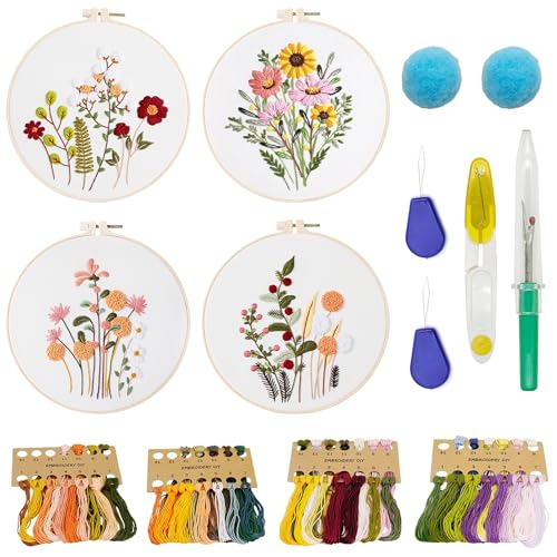 Allazone Anfänger Stickerei Set Stickerei Set, 4 Stück Blumenmuster Pflanzen Kreuzstich Kit, Stickrahmen, Anleitung und Werkzeuge, Kreuzstich Set für DIY Kunst, Handwerk von Allazone