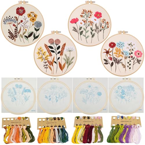 Allazone Anfänger Stickerei Set Stickerei Set, 4 Stück Blumenmuster Pflanzen Kreuzstich Kit, Stickrahmen, Anleitung und Werkzeuge, Kreuzstich Set für DIY Kunst, Handwerk von Allazone