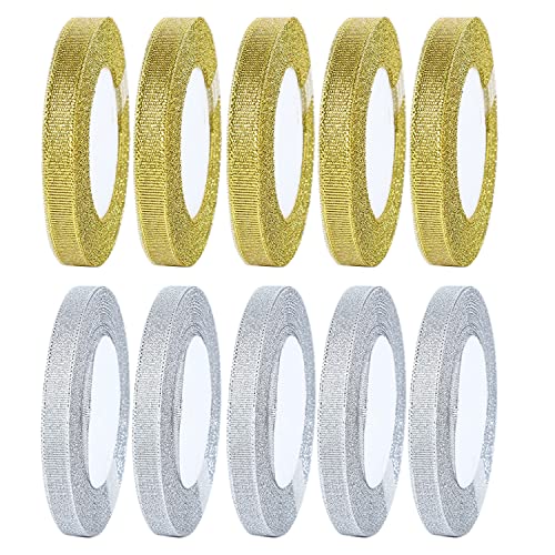 Allazone Glitzer Metallic Bänder, 22 Meters jede Rolle Geschenkband für Geschenke Verpackung Dekorationen (5 x Gold Bänder, 5 x Silber Bänder, 1cm) von Allazone