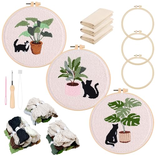 Allazone Punch Needle Stickerei Set für Anfänger, 3 Stück Stanznadel Stickerei Starter Kit mit Katzen Muster, DIY Stanznadel Kit mit Stickrahmen, Punch Needle Stoff, Fäden, Einfädelhilfe von Allazone