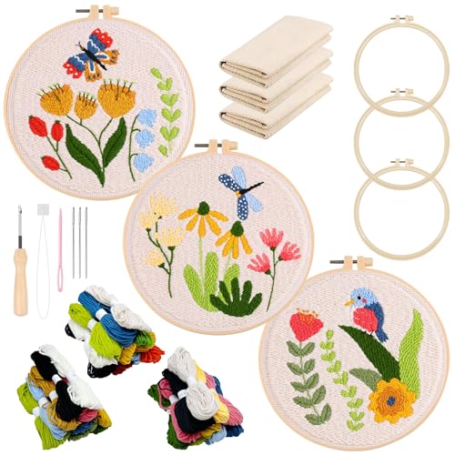 Allazone Punch Needle Stickerei Set für Anfänger, 3 Stück Stanznadel Stickerei Starter Kit mit Schmetterlinge und Vögel Muster, DIY Stanznadel Kit mit Stickrahmen, Punch Needle Stoff, Fäden von Allazone