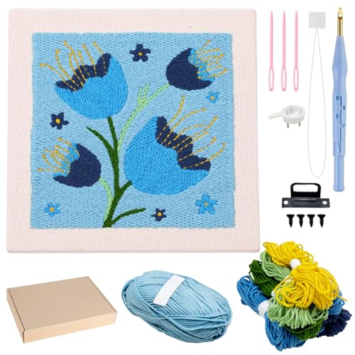 Allazone Punch Needle Stickerei Set für Anfänger, Rahmen Stanznadel Stickerei Starter Kit, Quadratisch Punch Needle mit Blumenmuster, Stickrahmen, Garne, Stanznadel (Blau) von Allazone