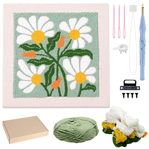 Allazone Punch Needle Stickerei Set für Anfänger, Rahmen Stanznadel Stickerei Starter Kit, Quadratisch Punch Needle mit Blumenmuster, Stickrahmen, Garne, Stanznadel (Grün und Weiß) von Allazone