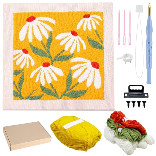 Allazone Punch Needle Stickerei Set für Anfänger, Rahmen Stanznadel Stickerei Starter Kit, Quadratisch Punch Needle mit Blumenmuster, Stickrahmen, Garne, Stanznadel (Orange und Weiß) von Allazone