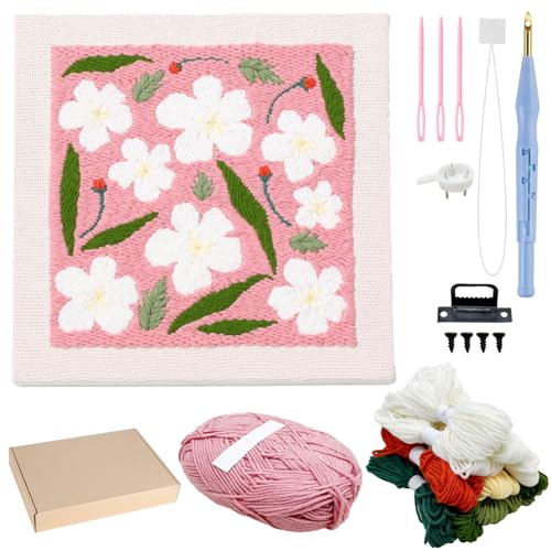 Allazone Punch Needle Stickerei Set für Anfänger, Rahmen Stanznadel Stickerei Starter Kit, Quadratisch Punch Needle mit Blumenmuster, Stickrahmen, Garne, Stanznadel (Rosa und Weiß) von Allazone