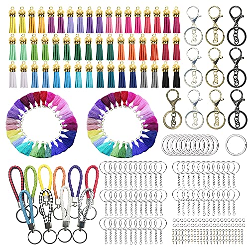 Allazone Quaste Set Schlüsselanhänger 100 Stück Lesezeichen Quasten Handgefertigte, 80 Stück Schlüsselanhänger, 200 Stück Auge Schrauben Pins und Sprungringe für Schmuckherstellung DIY Projekte von Allazone