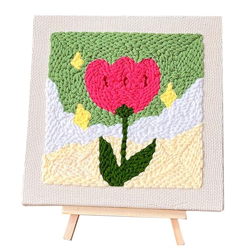 Allazone Rahmen Punch Needle Embroidery Starter Kit, Quadrat Stanznadel Stickerei Starter Kit für Anfänger mit Blumenmuster, Stickrahmen, Garne, Stanznadel (Grüne und Rosa Tulpe) von Allazone