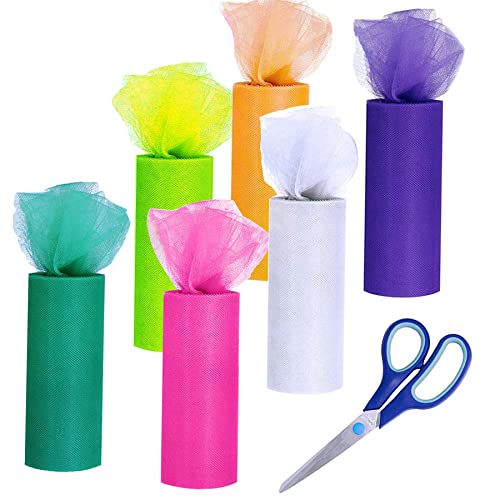 Allazone Rollen Tüll 6 Rollen Tüll Stoff mit Schere, 6 Farbe Berolle Tüllrolle Tüllband Tüll Dekostoff 15CM x 23M, Nähschere für Tutu Röcke, Geschenkverpackungen, Hochzeit, Dekoration von Allazone