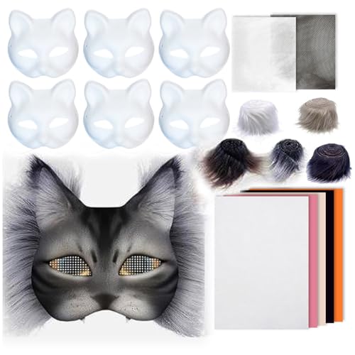 Allbestop 1 Set Leere Katzenmasken,Diy Gemalt Blank Gesichtsmaske Mit Filzstoff, Augennetz, Falsche Wolle Therian Masken-Bastelset Krampus Maske Für Maskerade, Cosplay, Party-Interaktion von Allbestop