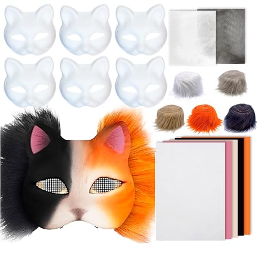 Allbestop 1 Set Leere Katzenmasken,Papierbastelmasken Handbemalung Diy-Maskerademaske Mit Filzstoff Eye Mesh Falsche Wolle Therian Masken-Bastelset Krampus Maske Für Halloween-Partyzubehör von Allbestop