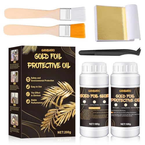 ALLONY Blattgold Kleber Set, Blattgold Kleber und Lack, Gold Leaf Adhesive, Blattgold 100 Stück, Inklusive 100 ml Kleber und 100 ml Wasserbasierter Schutzfarbe für Basteln und Malerei Usw von Allony