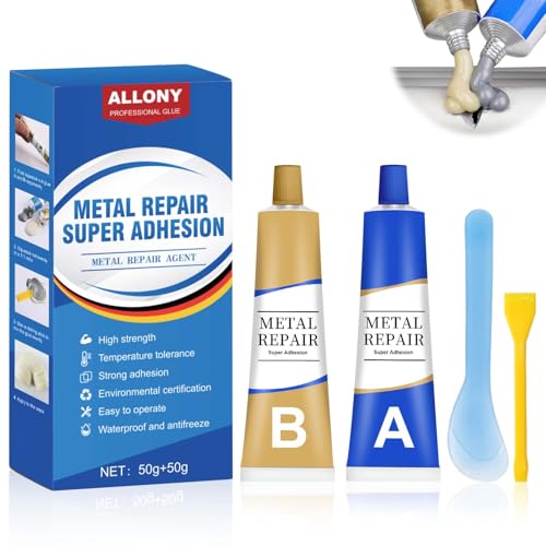 ALLONY Hochfester Metallkleber, Metallkleber Hitzebeständig, 2 Komponenten Kleber Für Metall, Metallkleber Extra Stark Wasserfest Hitzebeständig, Geeignet für Verschiedene Metalloberflächen, 50g+50g von Allony