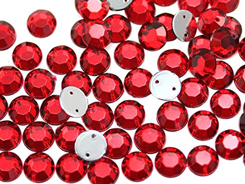 Allstarco 10mm Flache Rückseite Aufnähbare Strassperlen für Bastelarbeiten Plastik Acryl Runde Edelsteine mit Löchern zum Nähen, Kleidung Verzieren, Kostüme Cosplays Rot Rubin H103-70 Stück von Allstarco