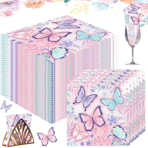 40 Pcs Servietten Schmetterling, Alluring Servietten Blumen Birthday, Frühling Servietten Einweg Frühlingsmotiv Servietten für Mädchengeburtstag Party Tischdekorationen 33x33cm von Alluring