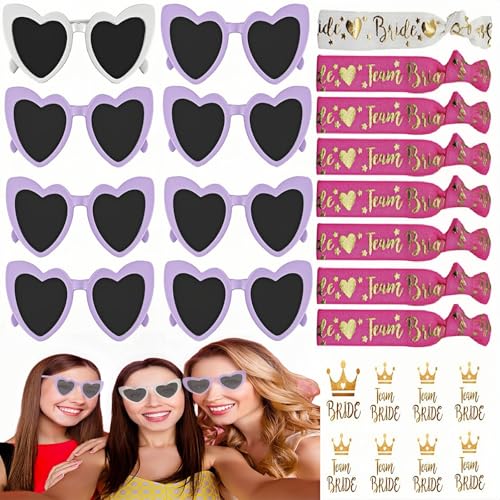 Alluring 24 Stk Brille Team Braut Armbänder, Bride to Be Herz Brille Set, 8 Herz Sonnenbrille+8 Bride Tattoo Aufkleber+8 Bride Armband für JGA Deko Accessoires(Lila) von Alluring