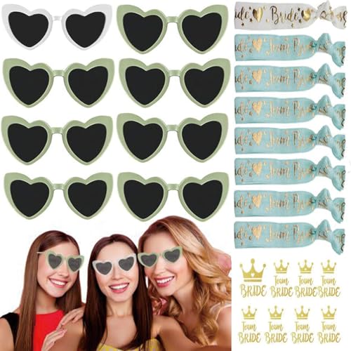 Alluring 24 Stk Brille Team Braut Armbänder, Bride to Be Herz Brille Set, 8 Herz Sonnenbrille+8 Bride Tattoo Aufkleber+8 Bride Armband für JGA Deko Accessoires(Limonengrün) von Alluring