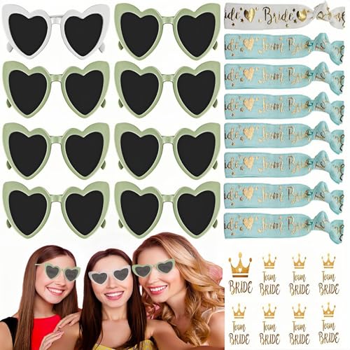 Alluring 24 Stk Brille Team Braut Armbänder, Bride to Be Herz Brille Set, 8 Herz Sonnenbrille+8 Bride Tattoo Aufkleber+8 Bride Armband für JGA Deko Accessoires (Limonengrün) von Alluring