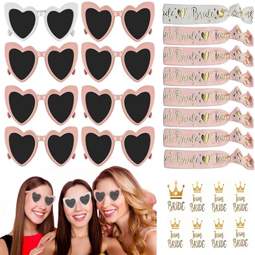 Alluring 24 Stk Brille Team Braut Armbänder, Bride to Be Herz Brille Set, 8 Herz Sonnenbrille+8 Bride Tattoo Aufkleber+8 Bride Armband für JGA Deko Accessoires(Rosa) von Alluring