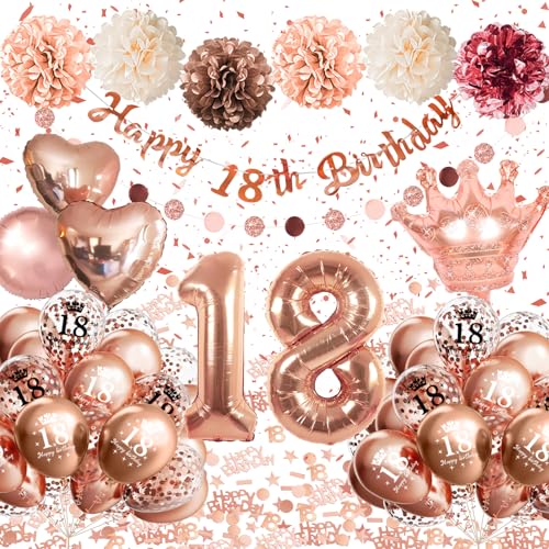 18. Geburtstag Mädchen, 18 Geburtstag Deko Rosegold, Deko 18. Geburtstag Mädchen, 18 Rose Gold Luftballons Geburtstag mit Happy Birthday Banner Pompons für 18 Geburtstagsdeko Mädchen von Almaxi