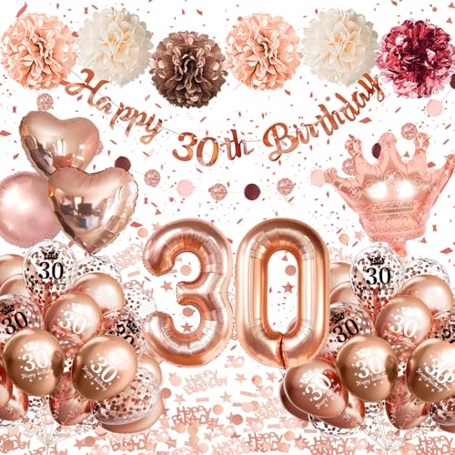 30 Geburtstag Frau, 30 Geburtstagsdeko Frauen Roségold, Luftballon 30. Geburtstag, 30 Geburtstag Deko Frauen Rose Gold Luftballons mit Happy Birthday Banner Pompons für Deko 30 Geburtstag Frau von Almaxi