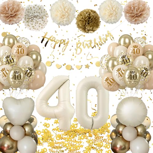 40 Geburtstag Deko Frauen, Luftballon Deko 40. Geburtstag Beige Gold, Geburtstagsdeko 40 Set mit Luftballon 18, Happy Birthday Banner, Konfetti Pompons für 40. Deko Geburtstag Frauen von Almaxi