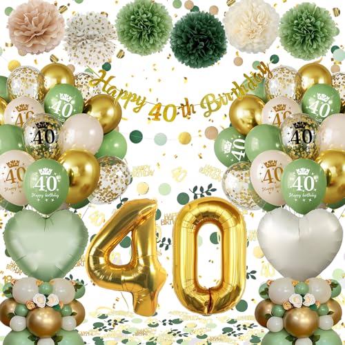 40 Geburtstag Frau Mann, 40 Geburtstag Deko Männer Frauen, Deko 40. Geburtstag Frauen Grüne Gold Luftballons, Geburtstagsdeko 40 Frau mit Happy Birthday Banner Pompons für 40 Geburtstag Dekorationen von Almaxi