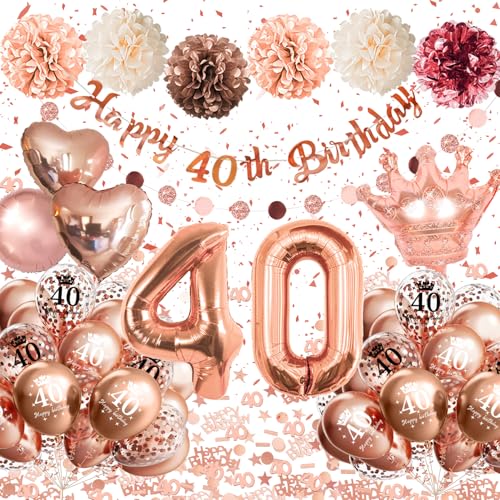 40 Geburtstag Frau, 40 Geburtstagsdeko Frauen Roségold, Luftballon 40. Geburtstag, 40 Geburtstag Deko Frauen Rose Gold Luftballons mit Happy Birthday Banner Pompons für Deko 40 Geburtstag Frau von Almaxi