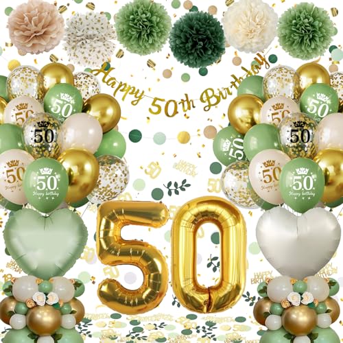 50 Geburtstag Deko,Geburtstagsdeko 50 Männer Frauen,Deko 50 Geburtstag Frau Mann, 50. Geburtstag Frauen Avocado Grüne Gold Luftballons mit Happy Birthday Banner Pompons für 50 Geburtstag Dekorationen von Almaxi