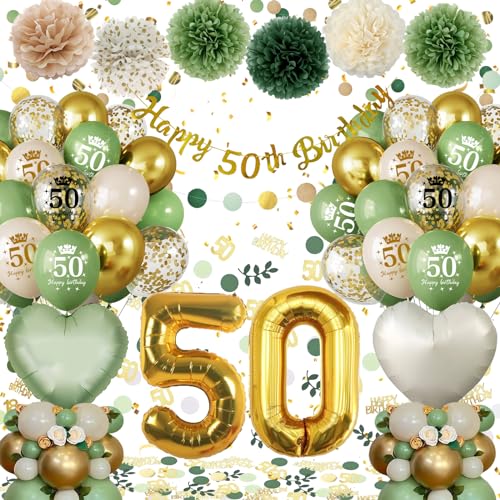 50 Geburtstag Frau Mann, 50 Geburtstag Deko Männer Frauen, Deko 50. Geburtstag Frauen Grüne Gold Luftballons, Geburtstagsdeko 50 Frau mit Happy Birthday Banner Pompons für 50 Geburtstag Dekorationen von Almaxi