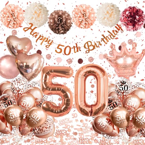 50 Geburtstag Frau, 50 Geburtstagsdeko Frauen Roségold, Luftballon 50. Geburtstag, 50 Geburtstag Deko Frauen Rose Gold Luftballons mit Happy Birthday Banner Pompons für Deko 50 Geburtstag Frau von Almaxi