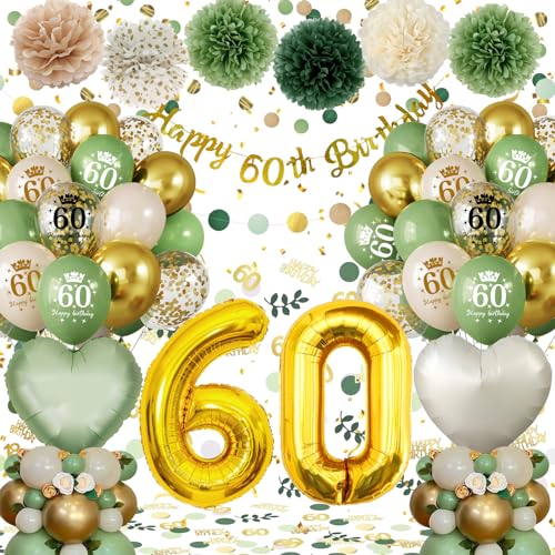 60 Geburtstag Deko,Geburtstagsdeko 60 Männer Frauen,Deko 60 Geburtstag Frau Mann, 60. Geburtstag Frauen Avocado Grüne Gold Luftballons mit Happy Birthday Banner Pompons für 60 Geburtstag Dekorationen von Almaxi