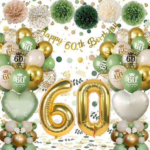 60 Geburtstag Frau Mann, 60 Geburtstag Deko Männer Frauen, Deko 60. Geburtstag Frauen Grüne Gold Luftballons, Geburtstagsdeko 60 Frau mit Happy Birthday Banner Pompons für 60 Geburtstag Dekorationen von Almaxi